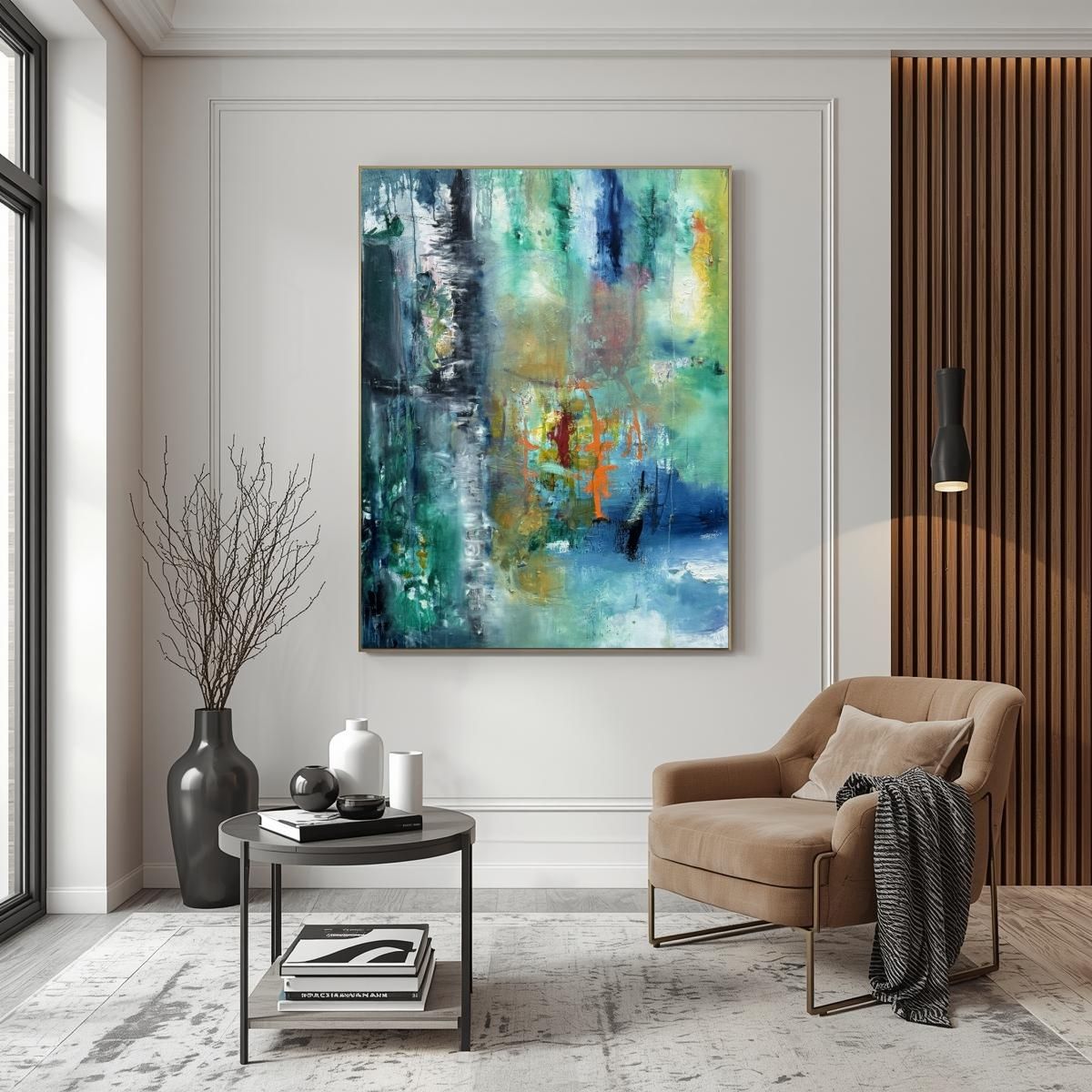 Modern living room with abstract painting, original oil painting, blue and teal abstract textures with orange accents, armchair, and side table.