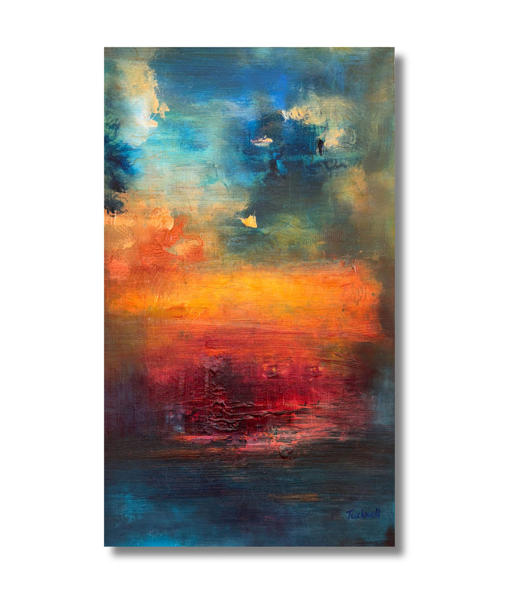 Rainbow Landscape original abstract painting on wood panel, featuring vivid blue, orange, and red cloud-like textures and expressive brushwork.