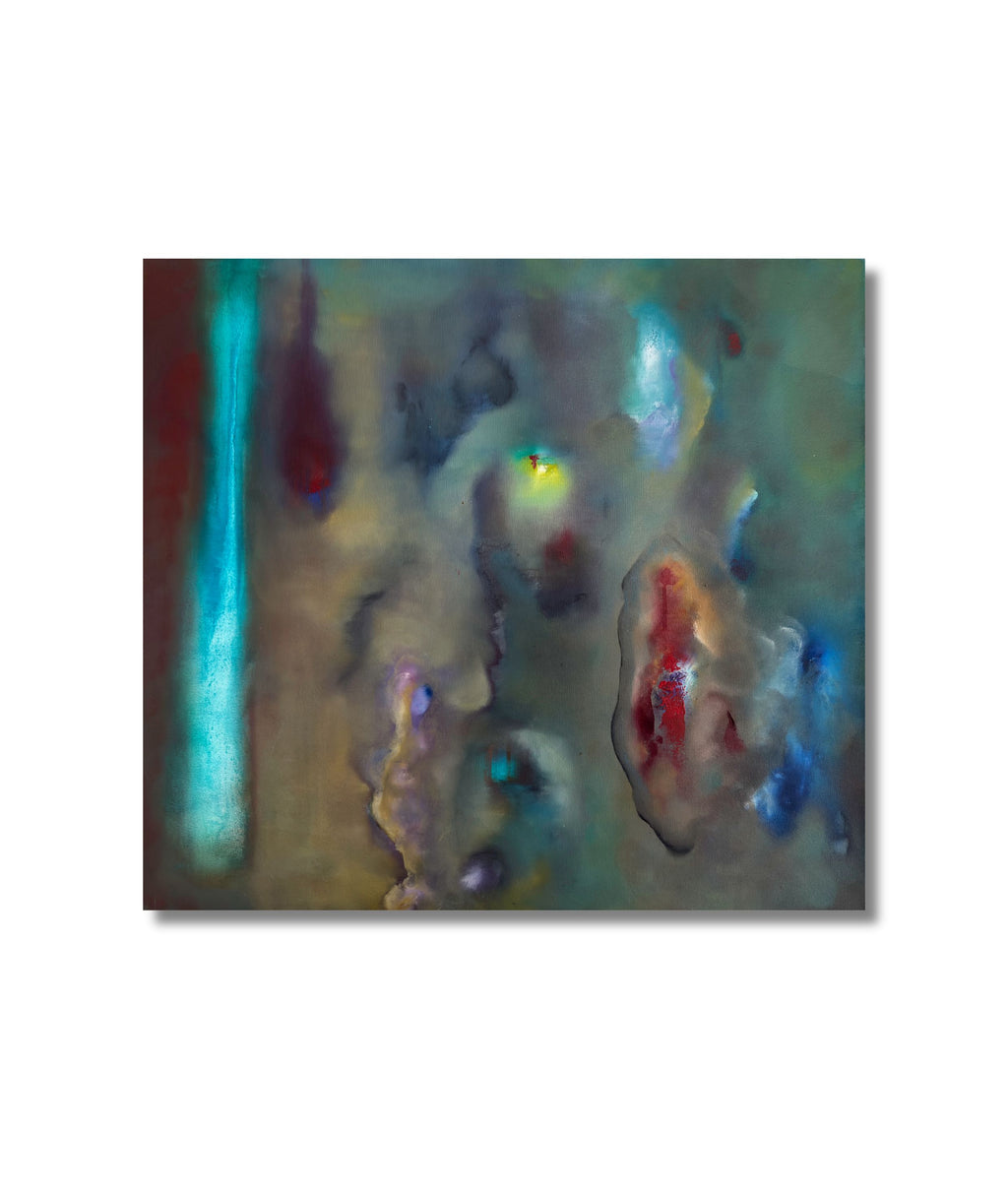 Rembrandt's Lamp original oil painting on linen, featuring dramatic shadows and glowing light textures in an abstract style.