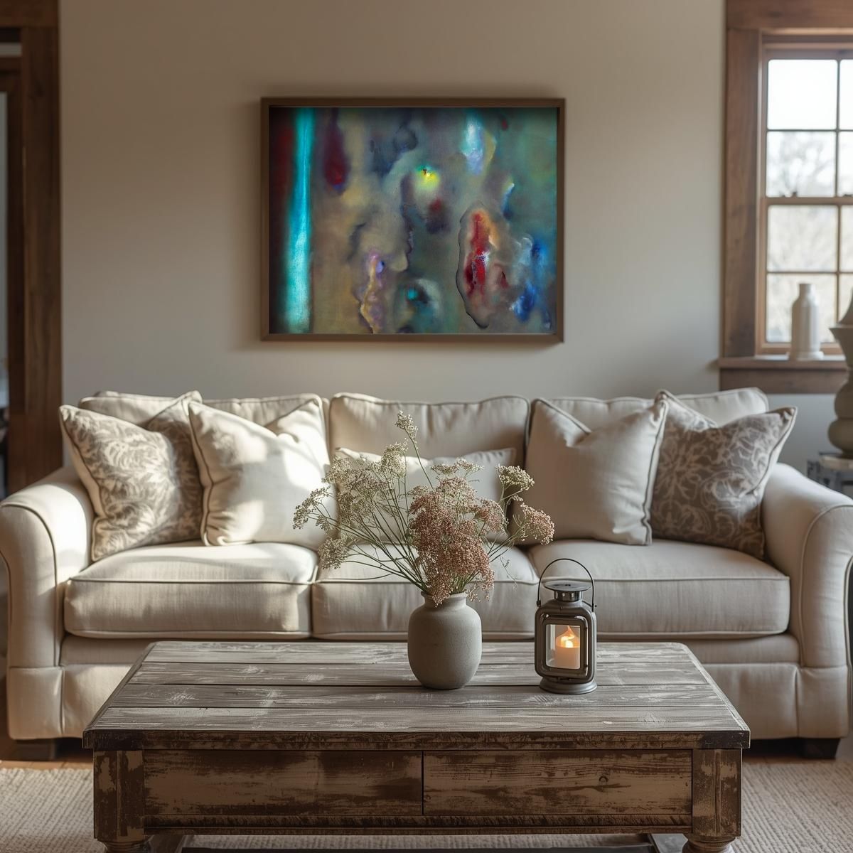Rembrandt's Lamp original oil painting on linen, featuring dramatic shadows and glowing light textures in an abstract style in living room with beige sofa, wooden coffee table, as an abstract painting on wall.