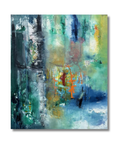 Close up of Metamorphosis original oil painting, blue and teal abstract textures with orange accents, 42.5x50.5 hand-stretched canvas.