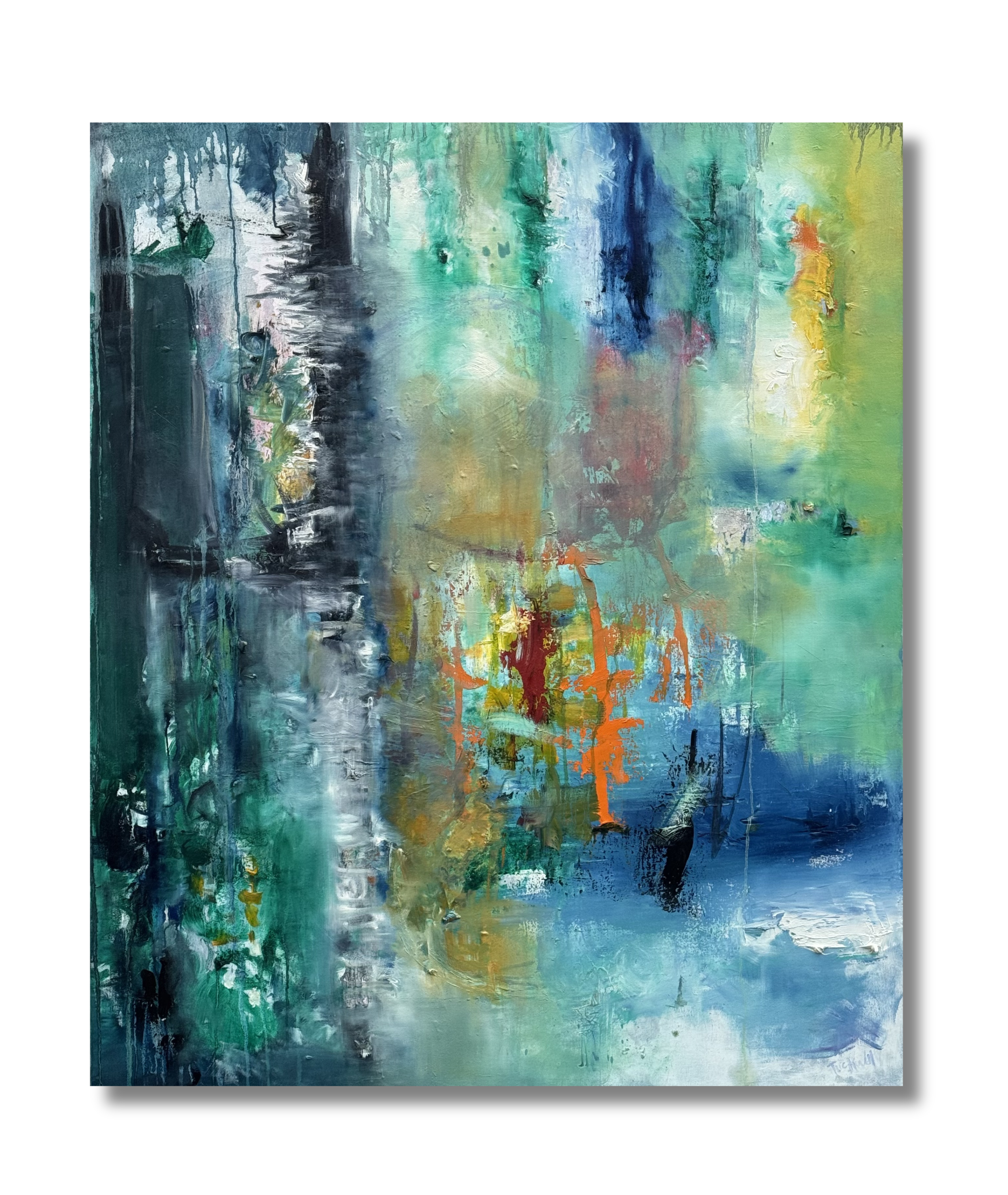 Close up of Metamorphosis original oil painting, blue and teal abstract textures with orange accents, 42.5x50.5 hand-stretched canvas.